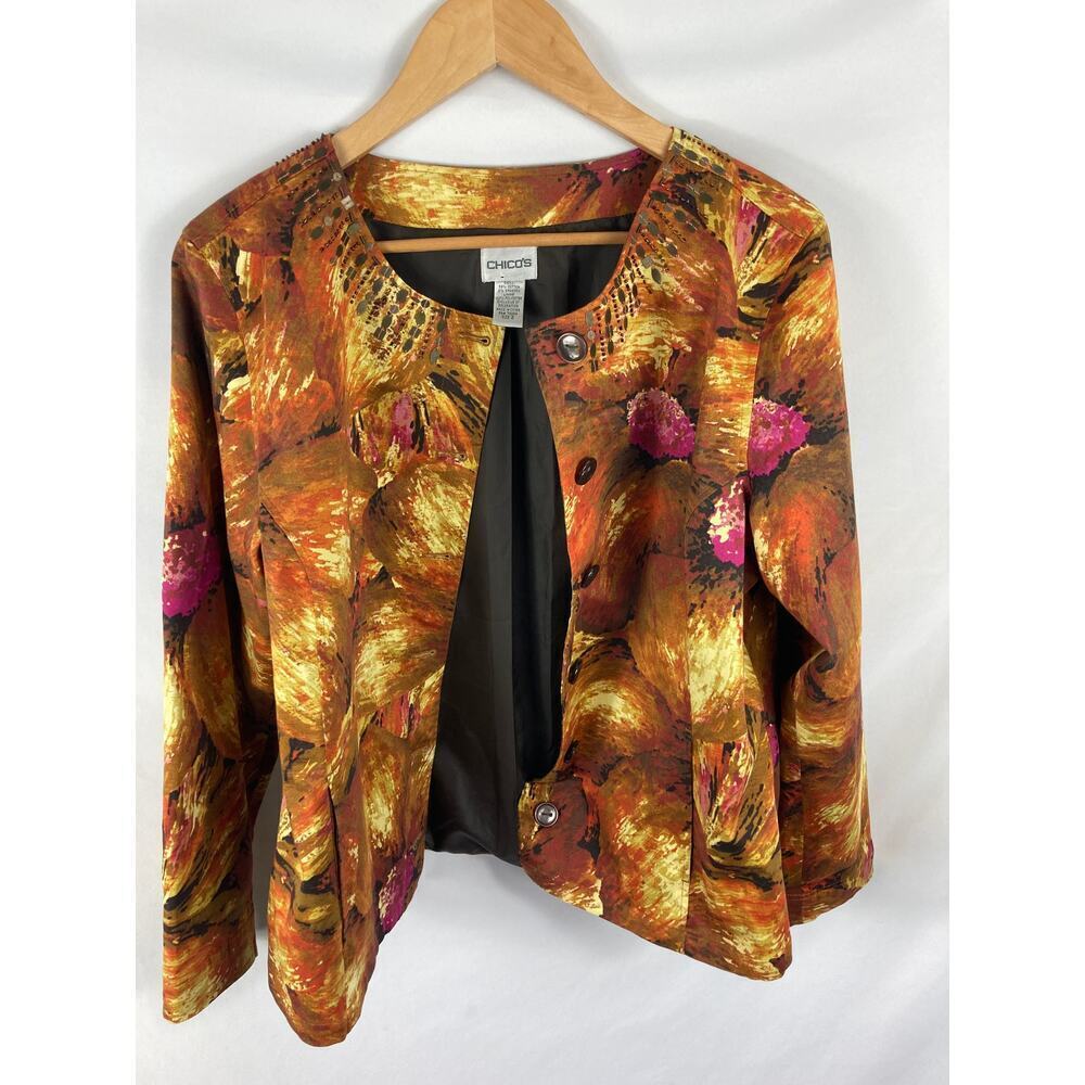 Chicos Gold Yellow Purple Patterned Button Up Jacket Size 2 / Large
